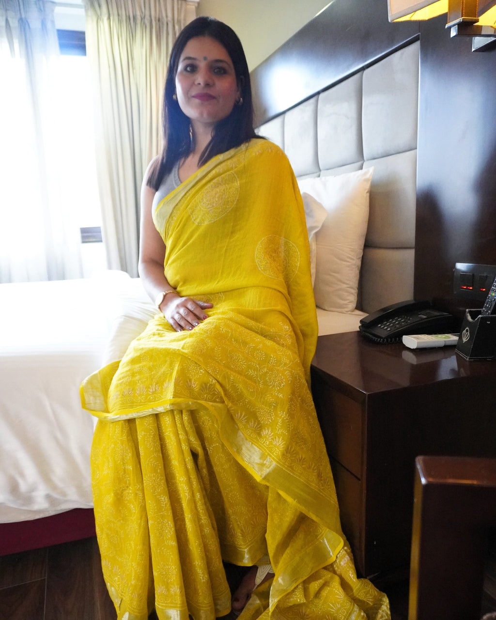 Green pure linen saree with golden print front view