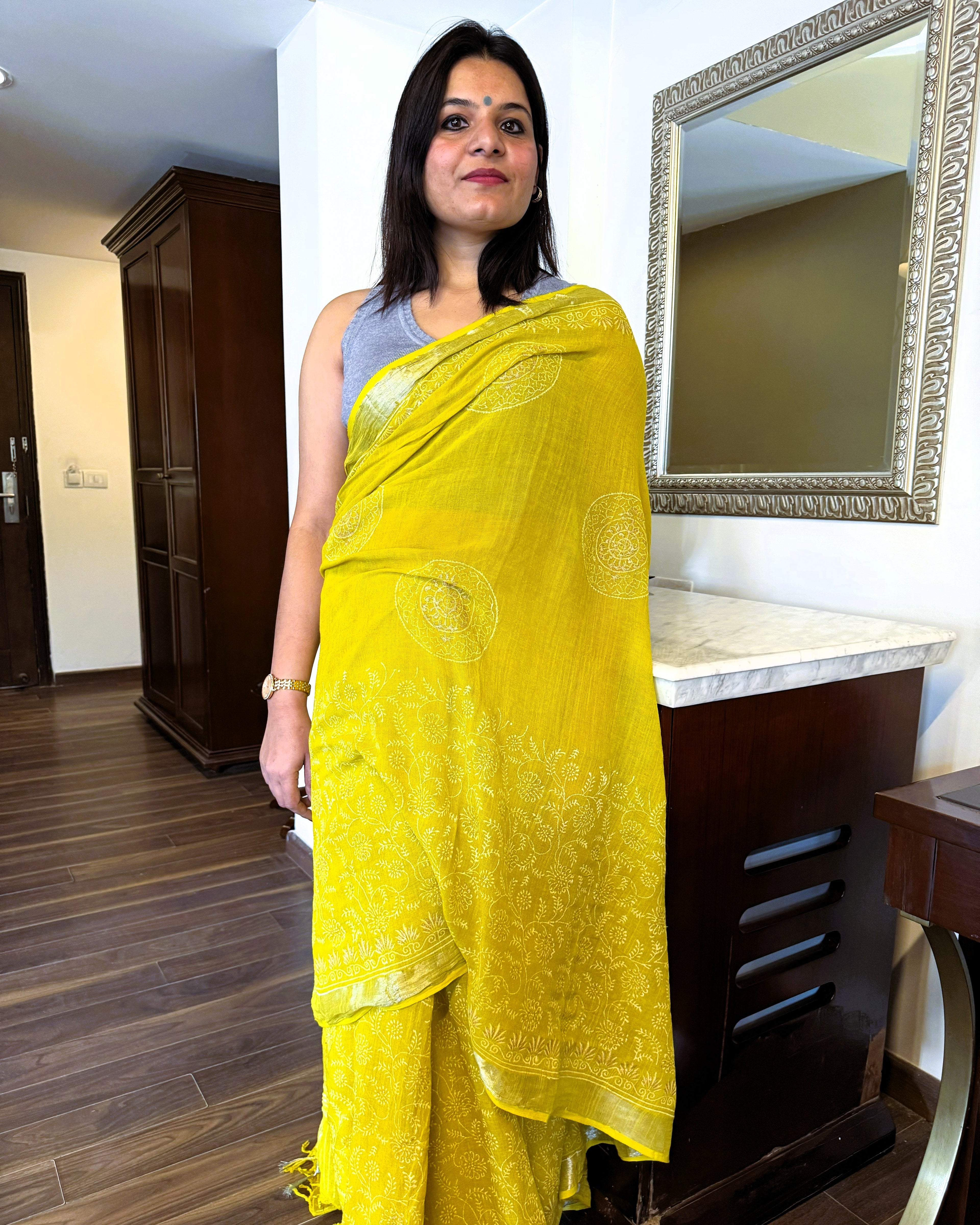 Green pure linen saree with golden print front view