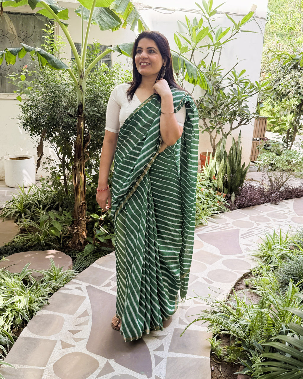 full front drape green lehriya saree chanderi cotton