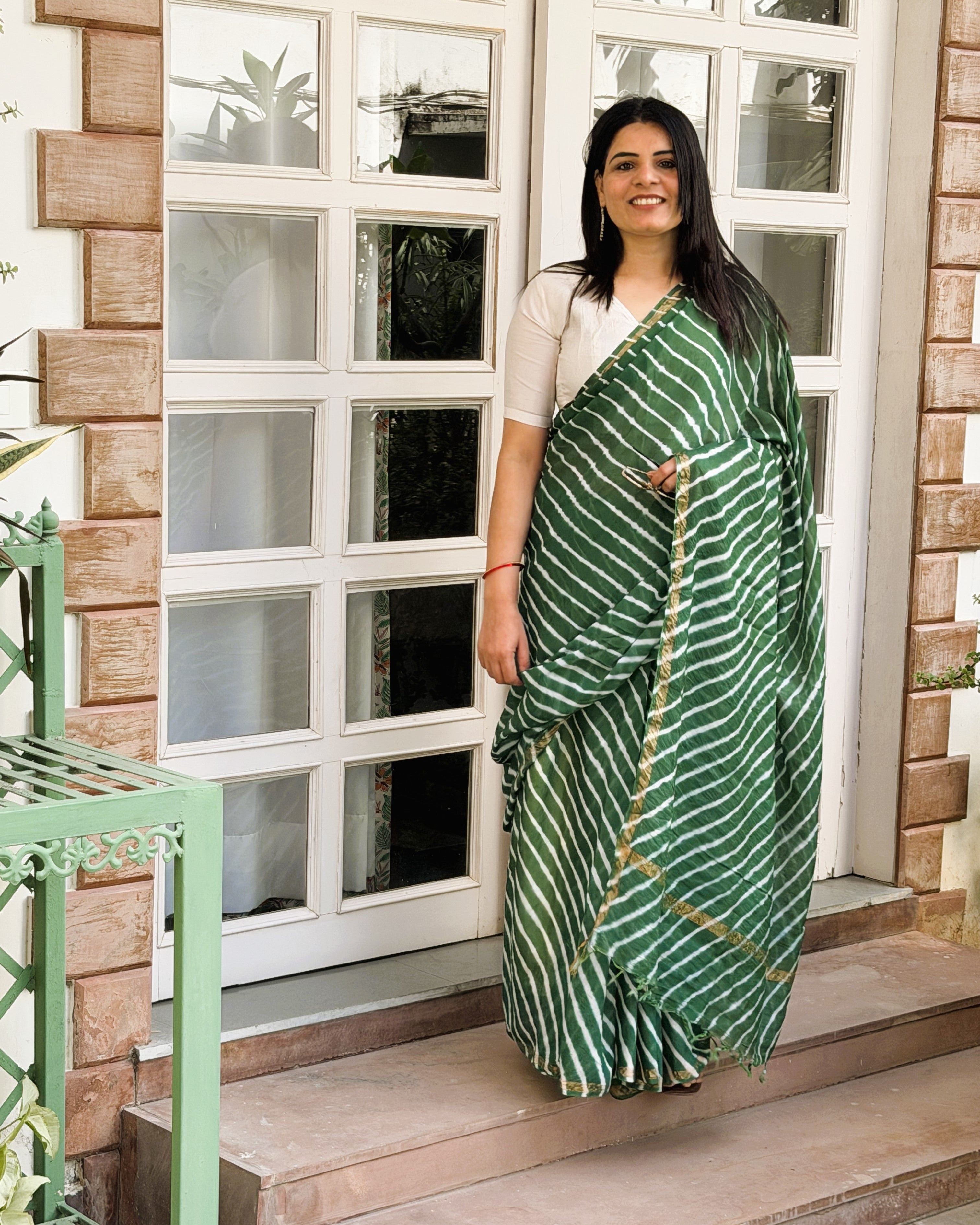 green lehriya chanderi cotton saree front view