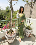 side view green sanganeri saree drape with zari border