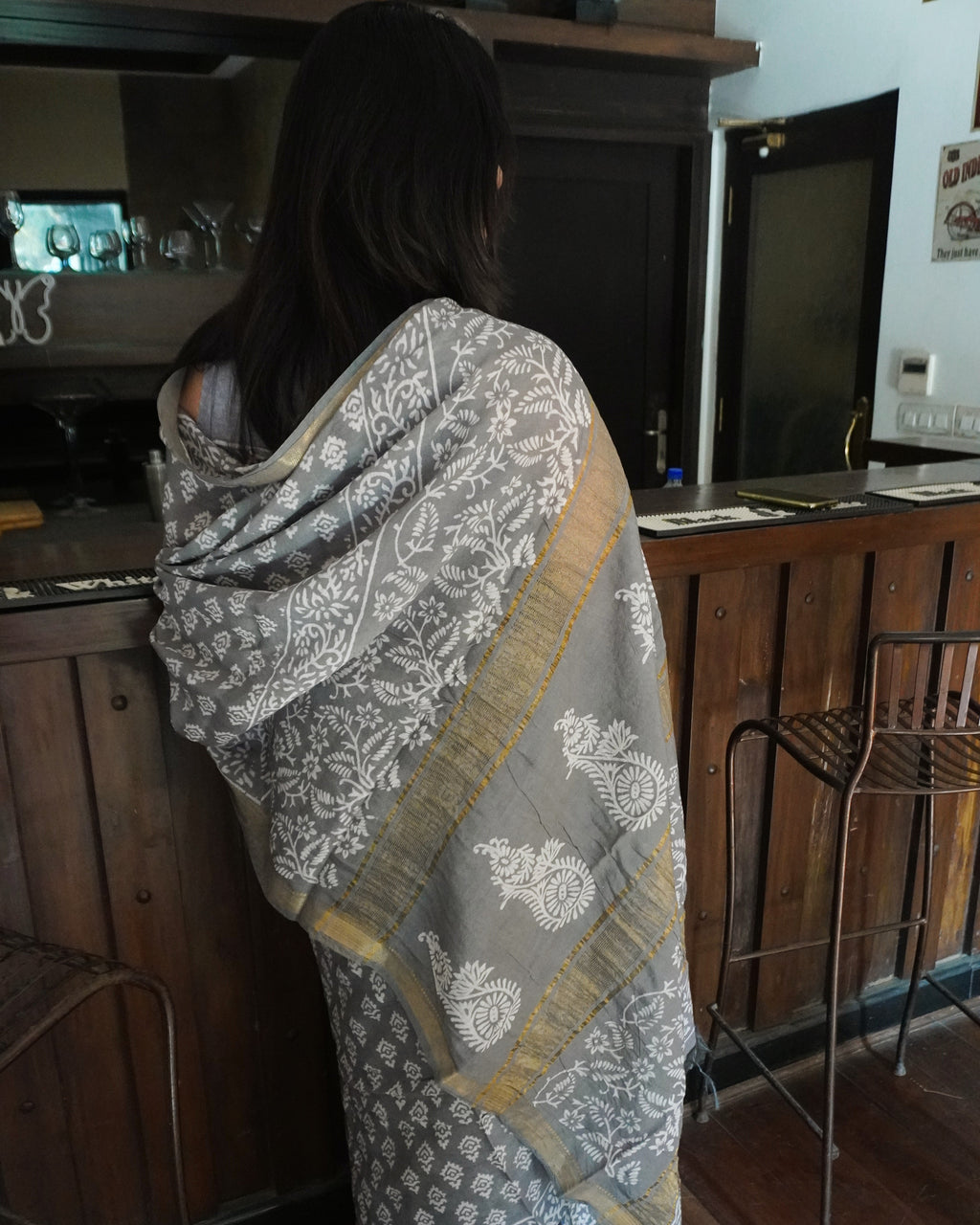 Back view of grey handblock print pure linen saree