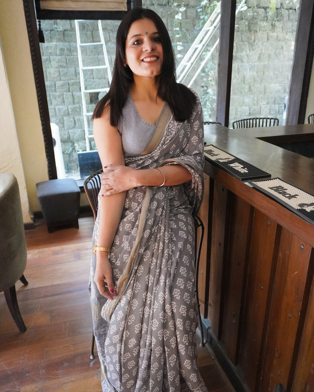 Grey handblock print pure linen saree front view