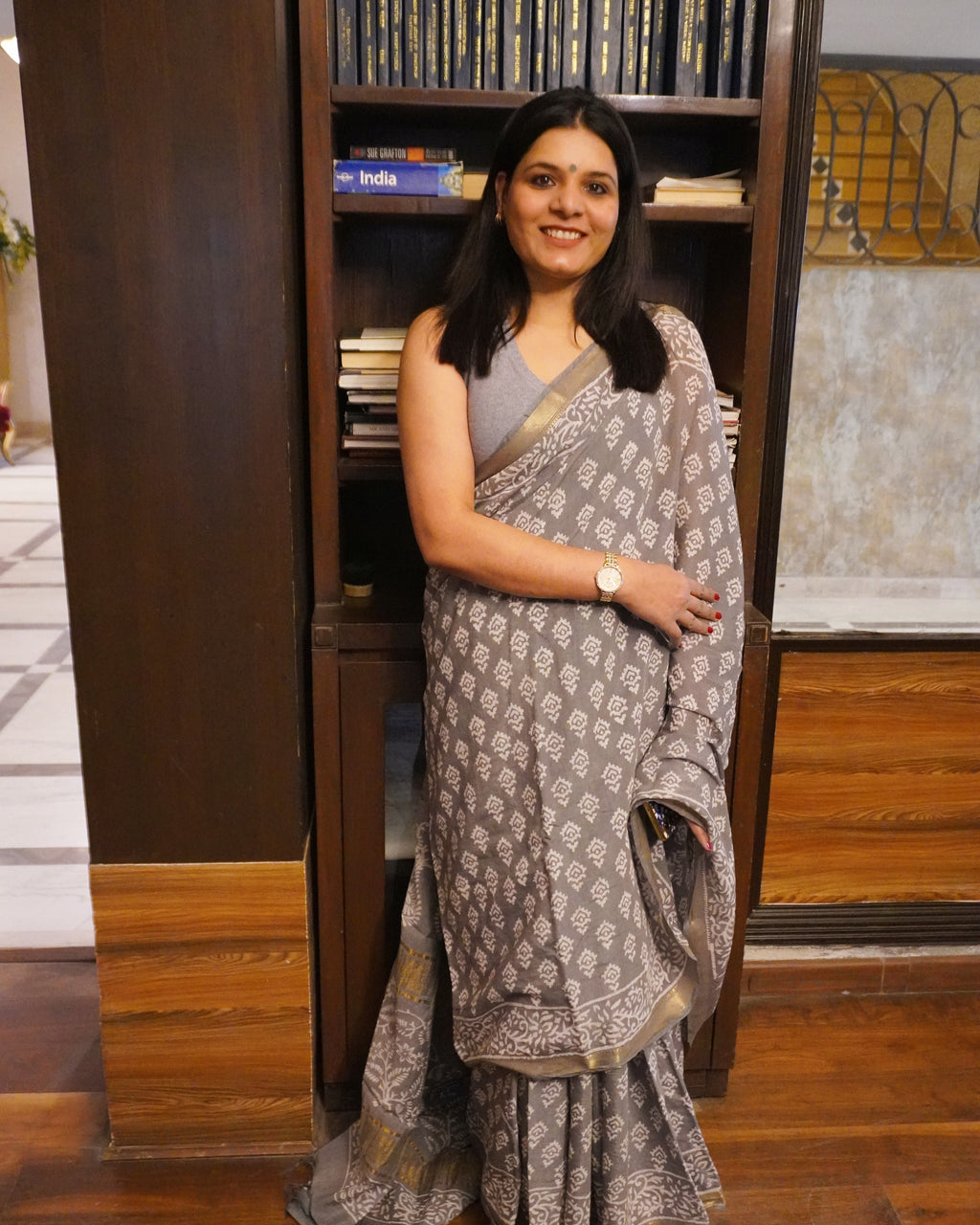 Front look of grey handblock print pure linen saree