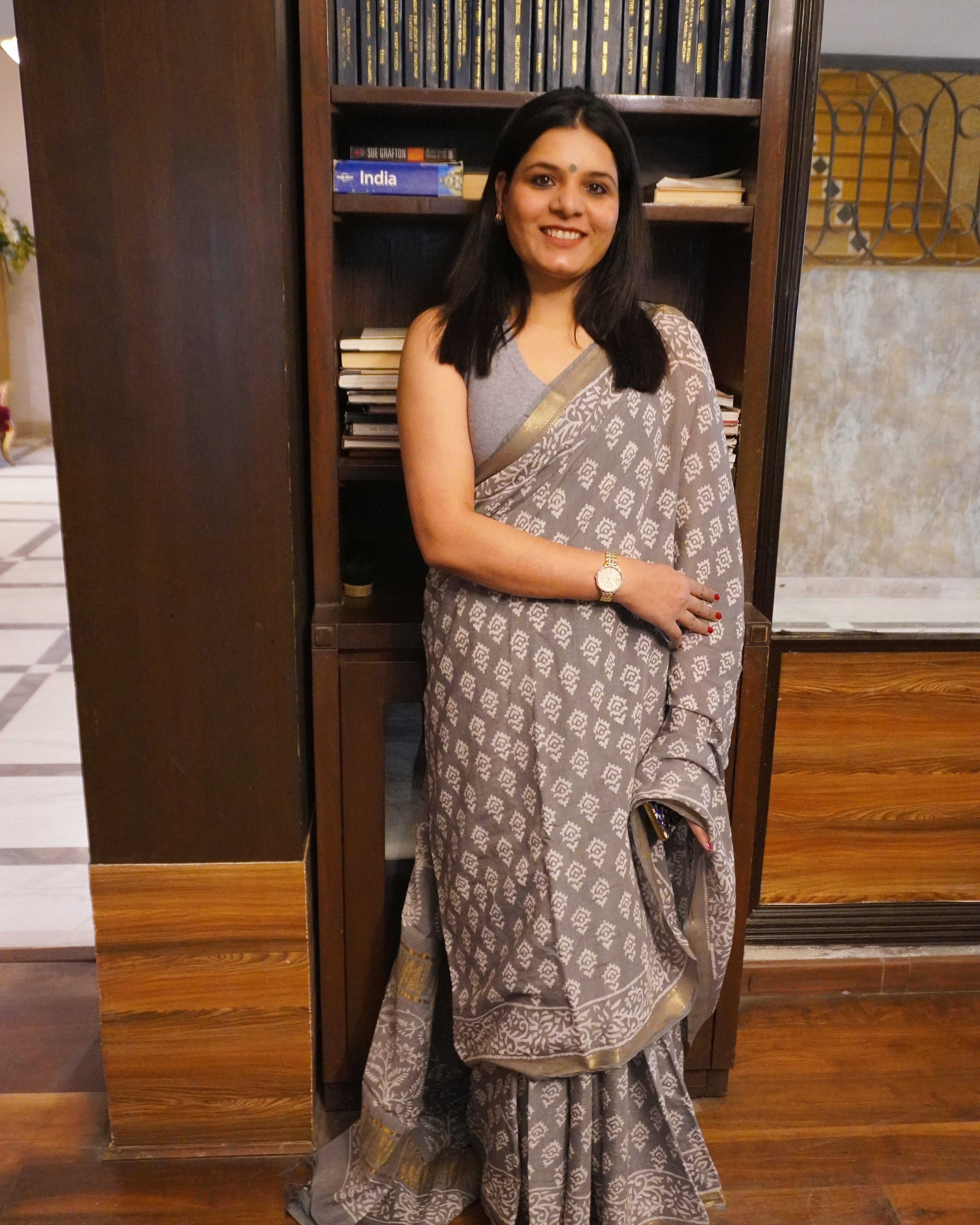 Front look of grey handblock print pure linen saree
