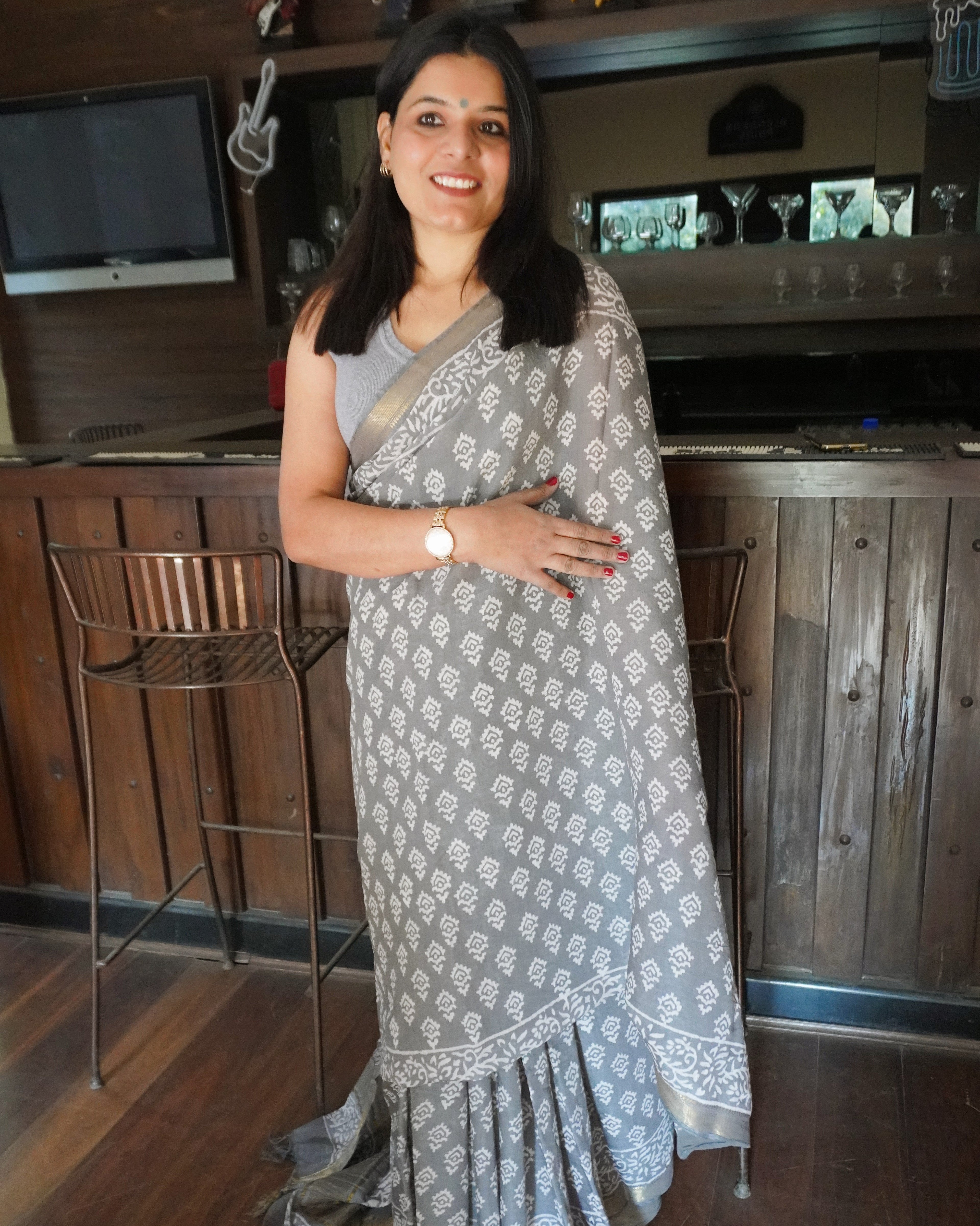 Front view of grey handblock print pure linen saree