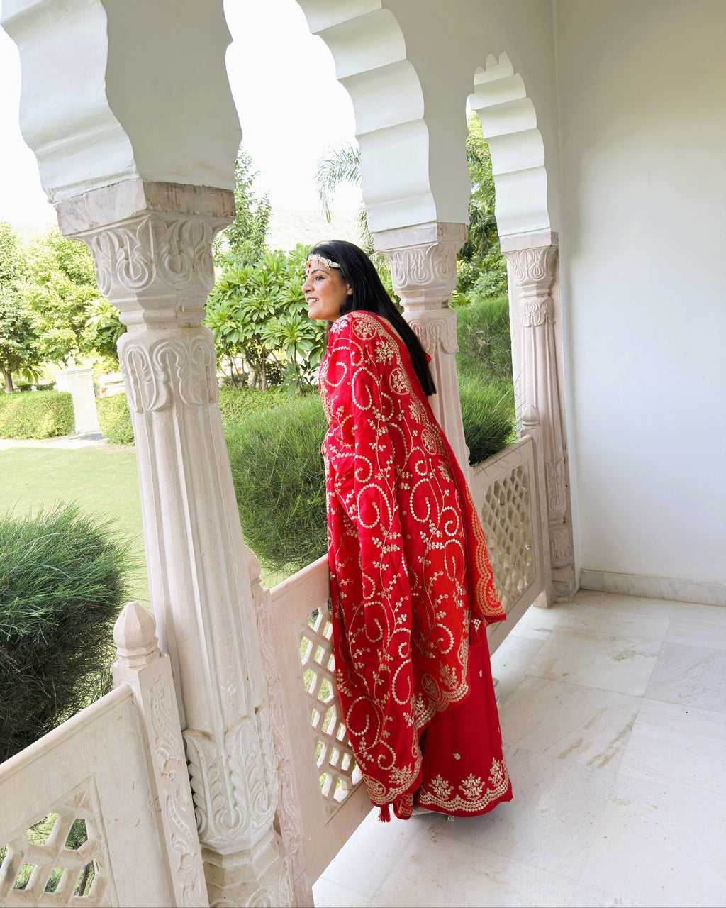 HO Silk red Gotta Patti saree with intricate floral and vine-inspired motifs