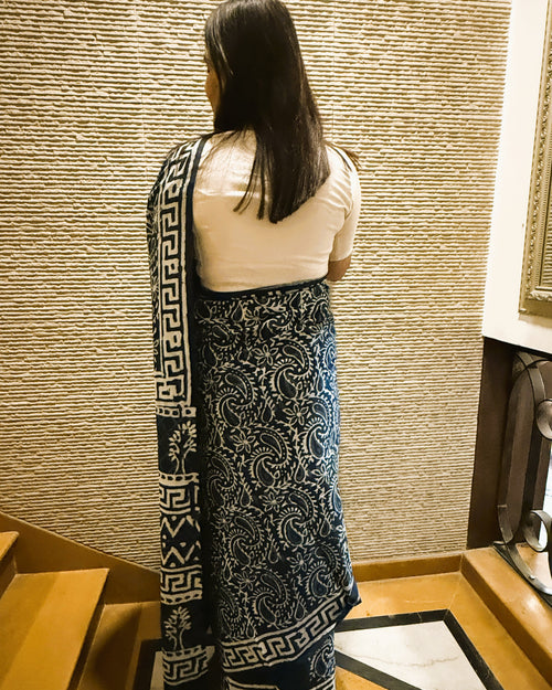 Blue and white indigo hand block print mul cotton saree back view