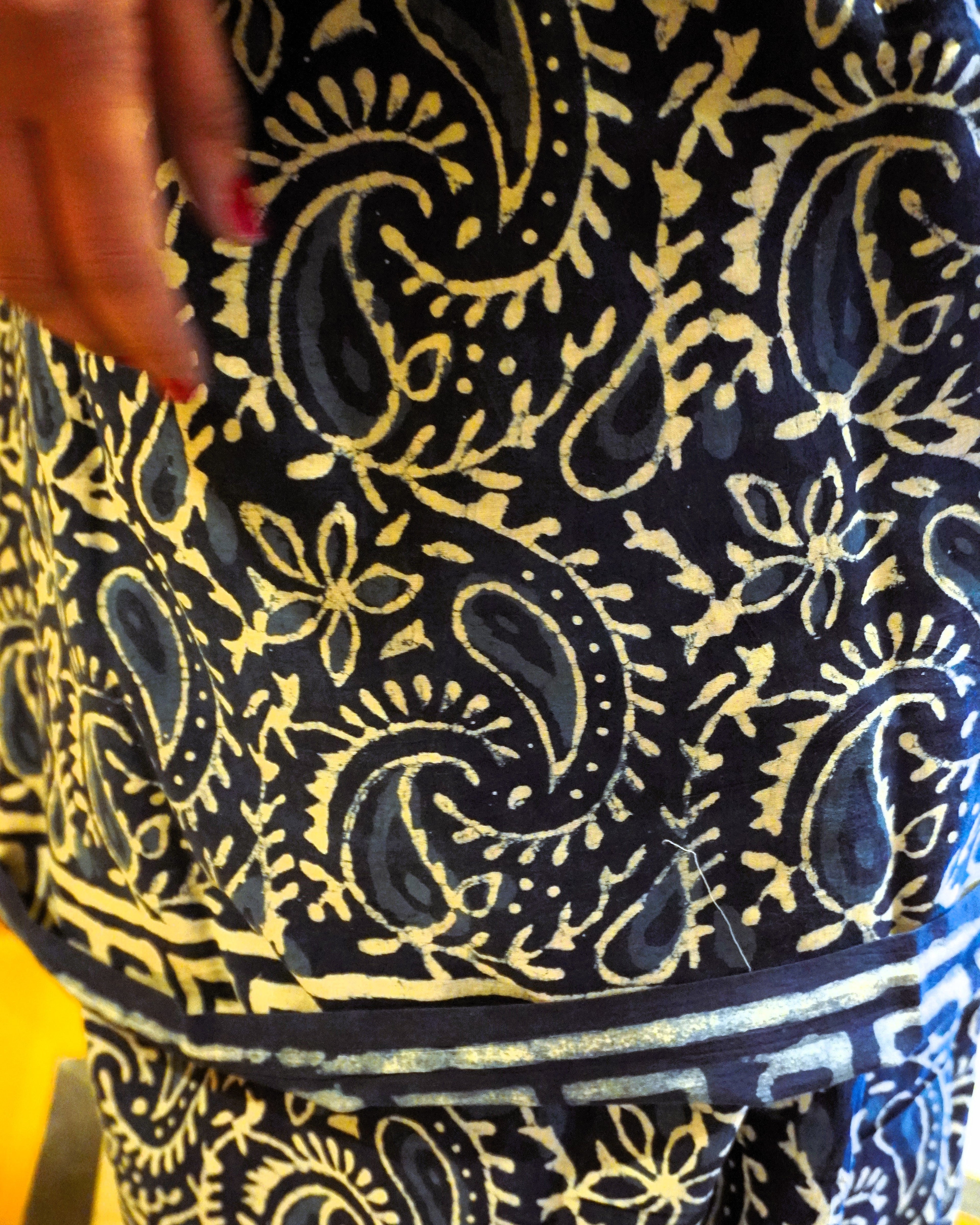 Blue and white indigo hand block print mul cotton saree closeup