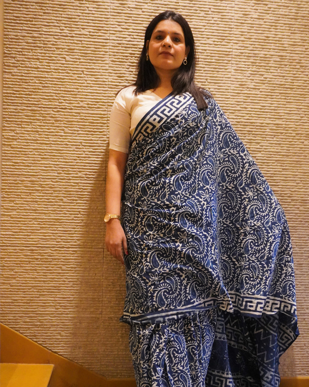Front view of blue and white indigo hand block print mul cotton saree