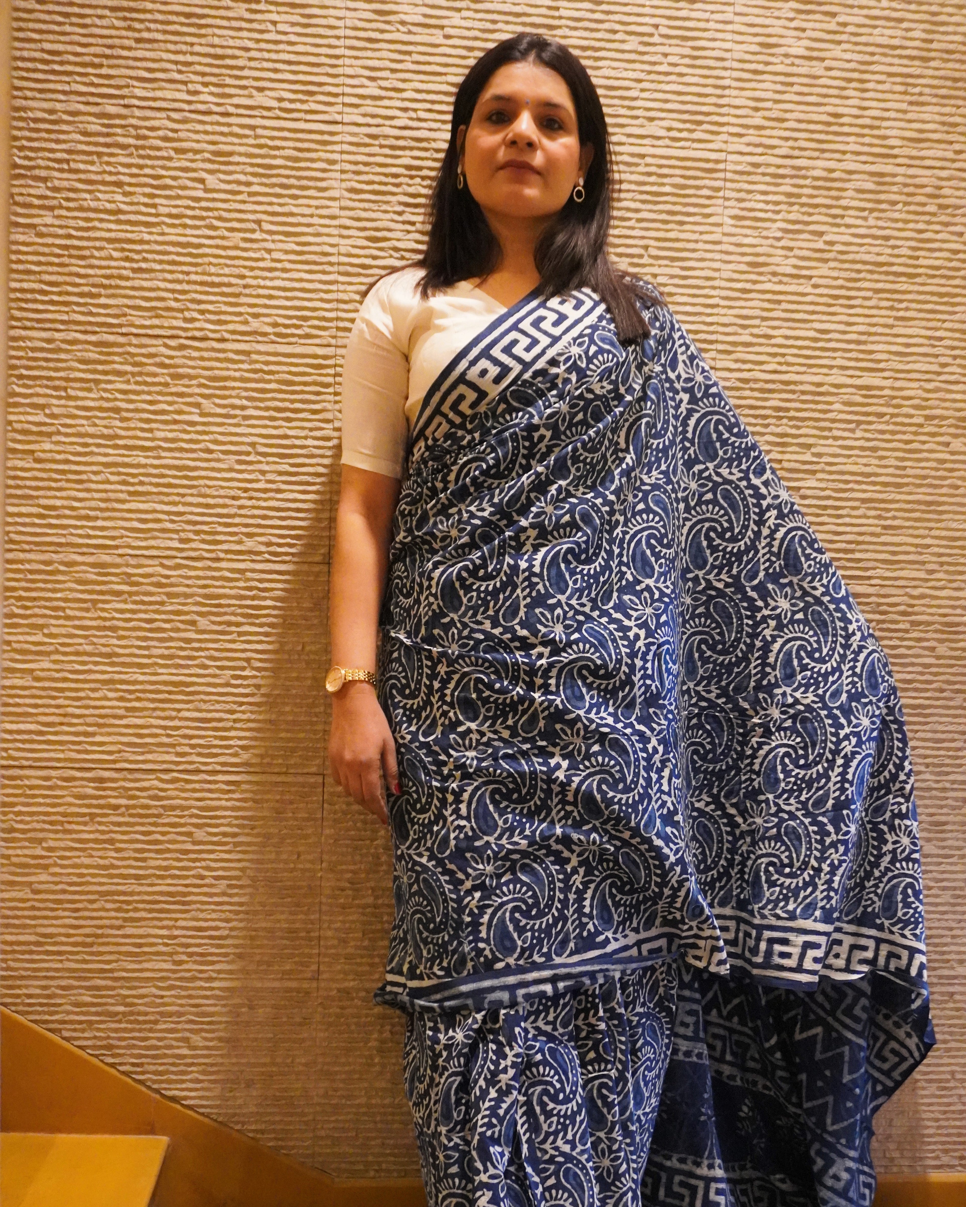 Front view of blue and white indigo hand block print mul cotton saree