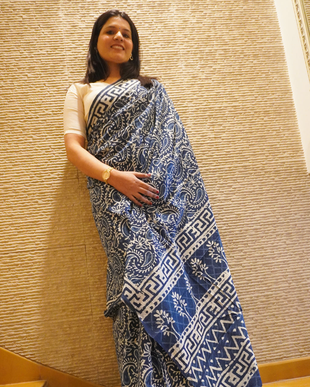 Blue and white indigo hand block print mul cotton saree front view
