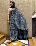 Blue and white indigo hand block print mul cotton saree side view