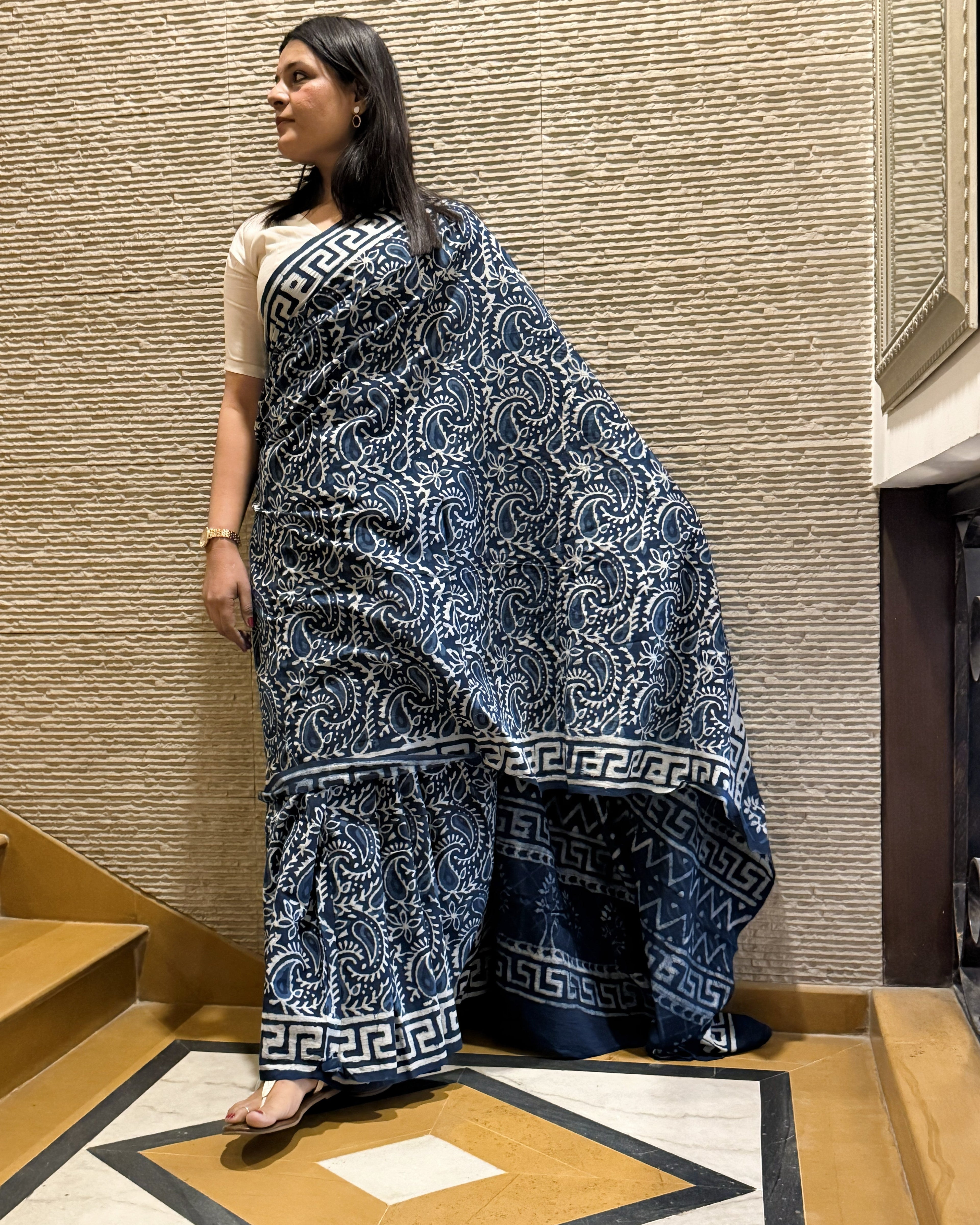 Blue and white indigo hand block print mul cotton saree side view