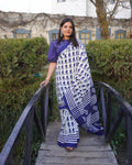 Indigo leaf print mul cotton saree in blue and white