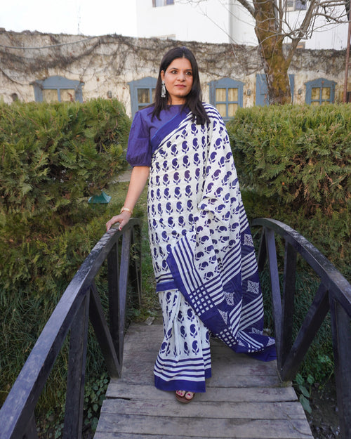 Indigo leaf print mul cotton saree in blue and white