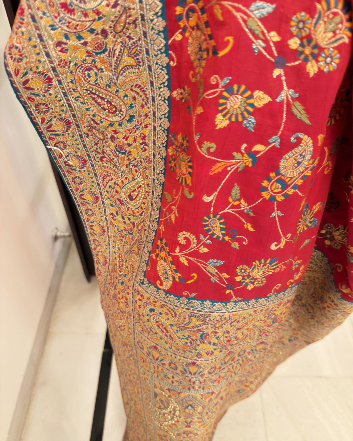 Close-up of paisley and floral detailing on Kashmiri Jamewar saree