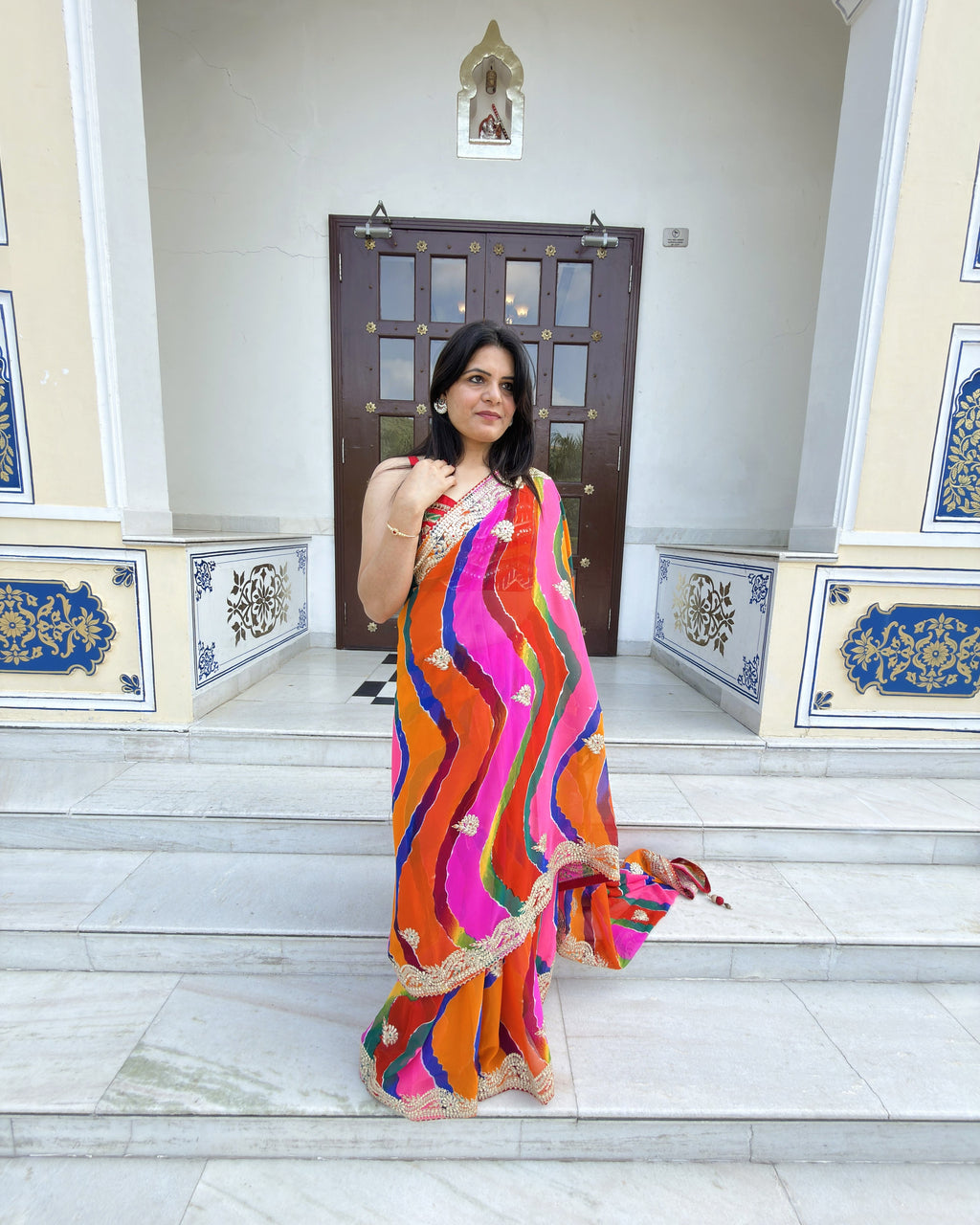 Lehariya georgette saree featuring intricate Gotta Patti and Pitta work