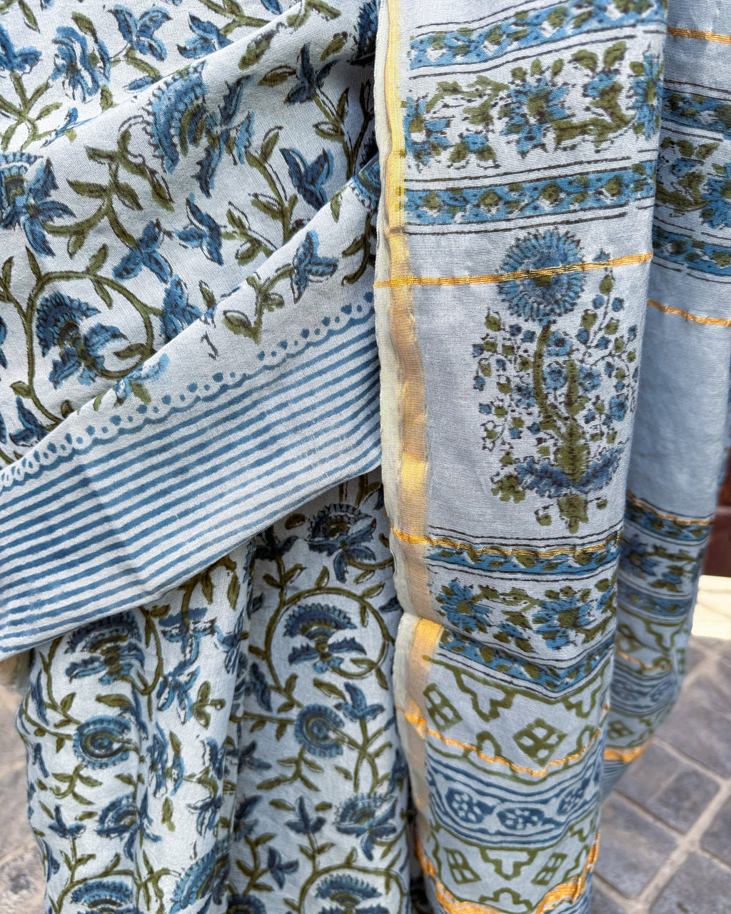 Close up of Sanganeri print and zari detail on cotton Chanderi saree