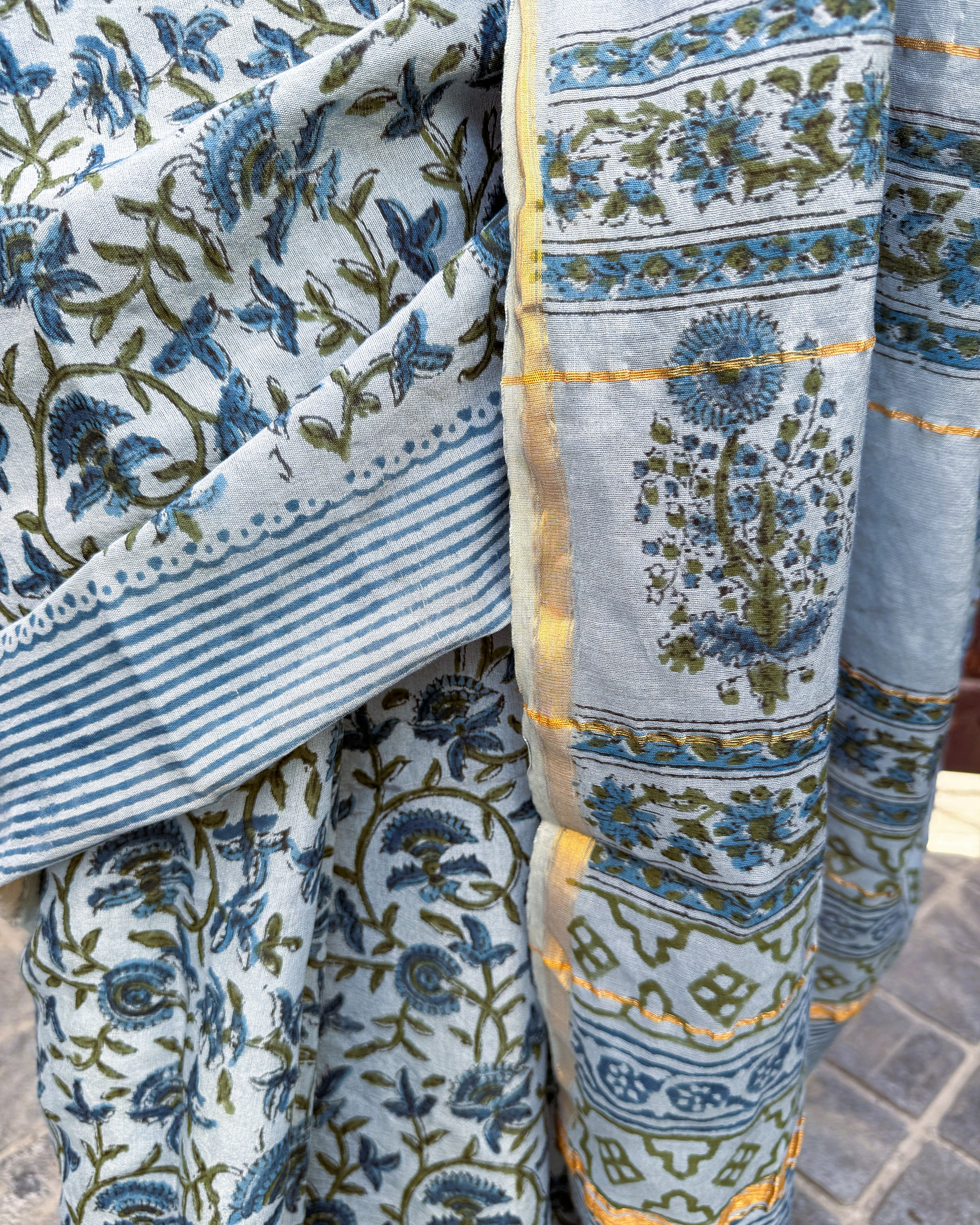 Close up of Sanganeri print and zari detail on cotton Chanderi saree