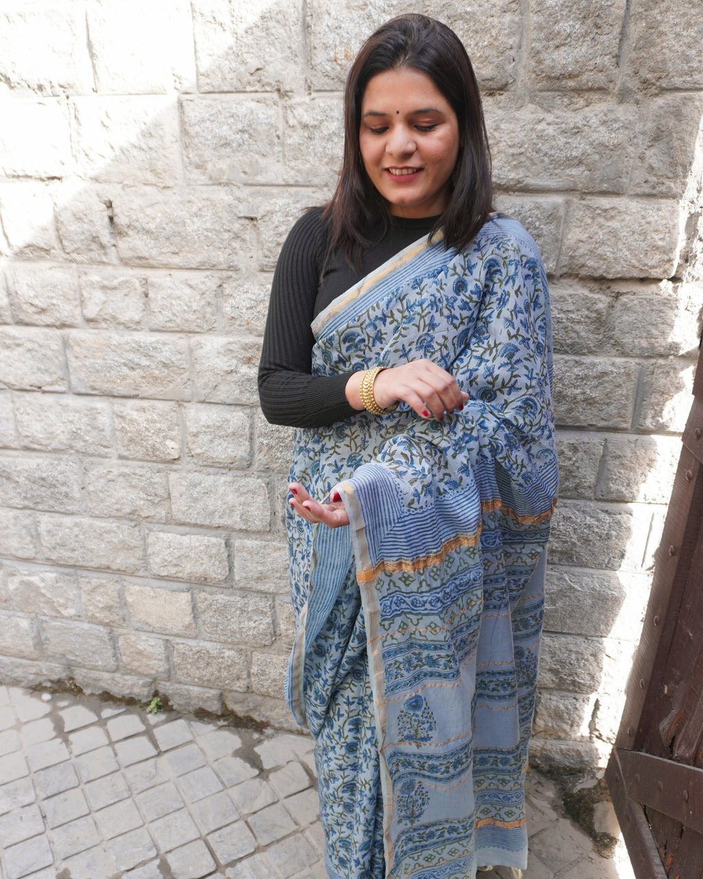 Front view of light blue Sanganeri print zari cotton Chanderi saree
