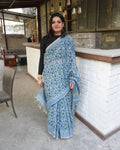 Light blue Sanganeri printed zari cotton Chanderi saree front view