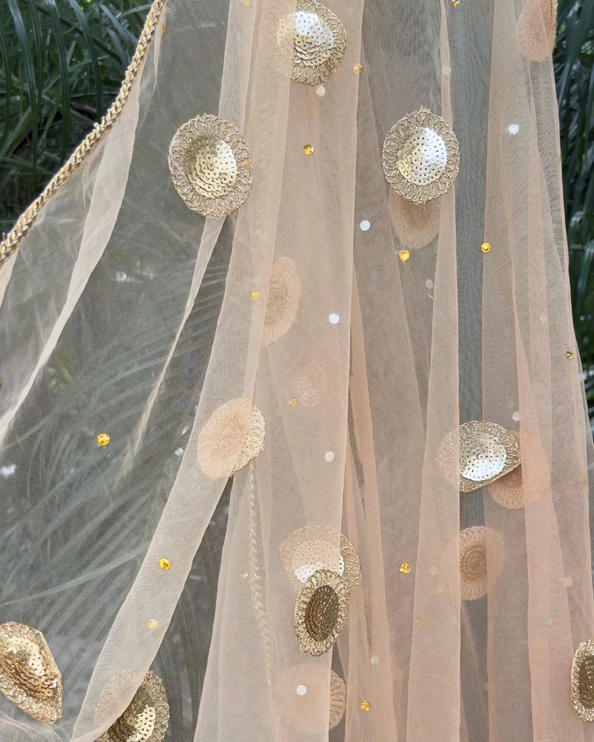 Light brown net dupatta with floral-inspired sequin motifs