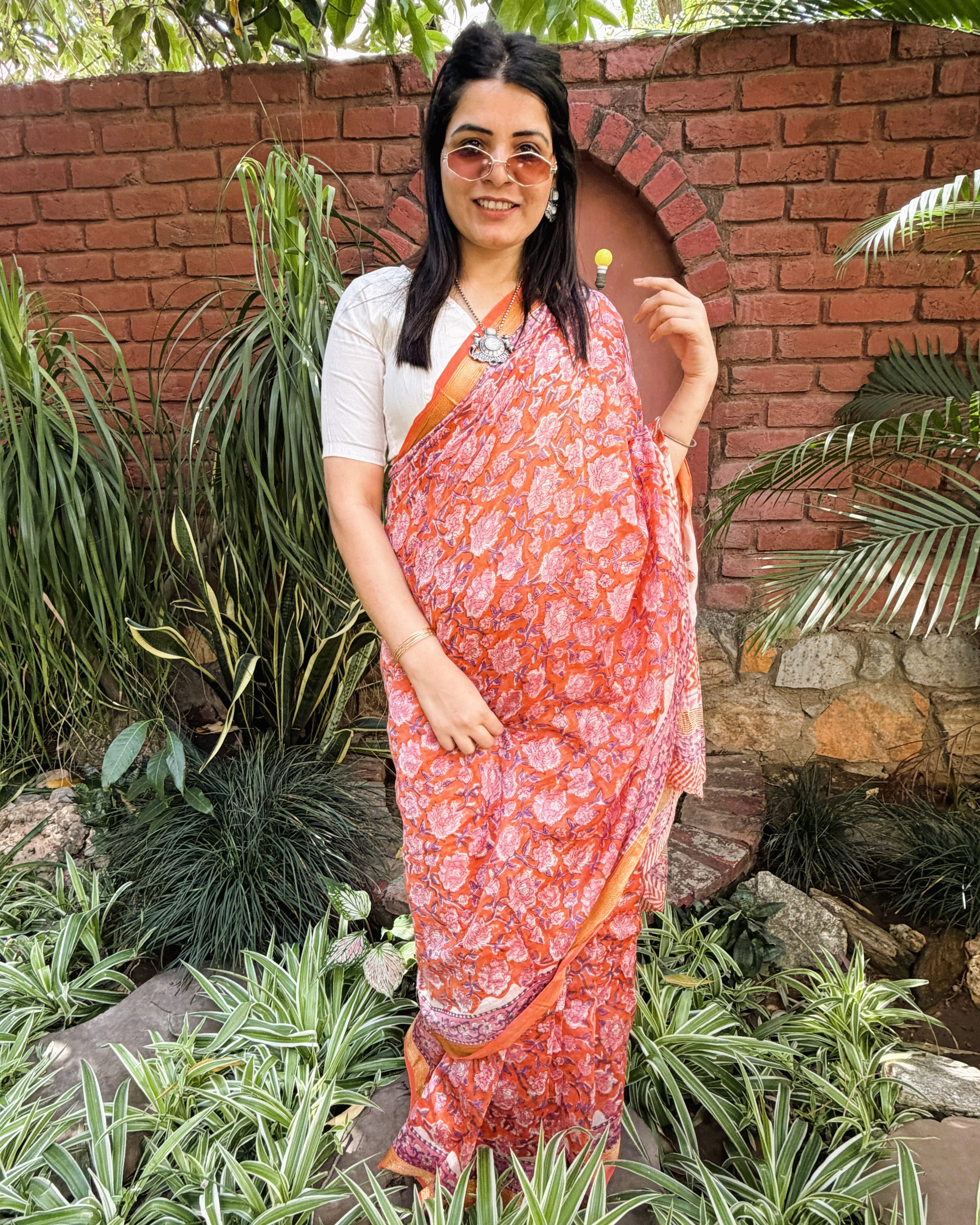 light orange sanganeri print maheshwari silk saree front view