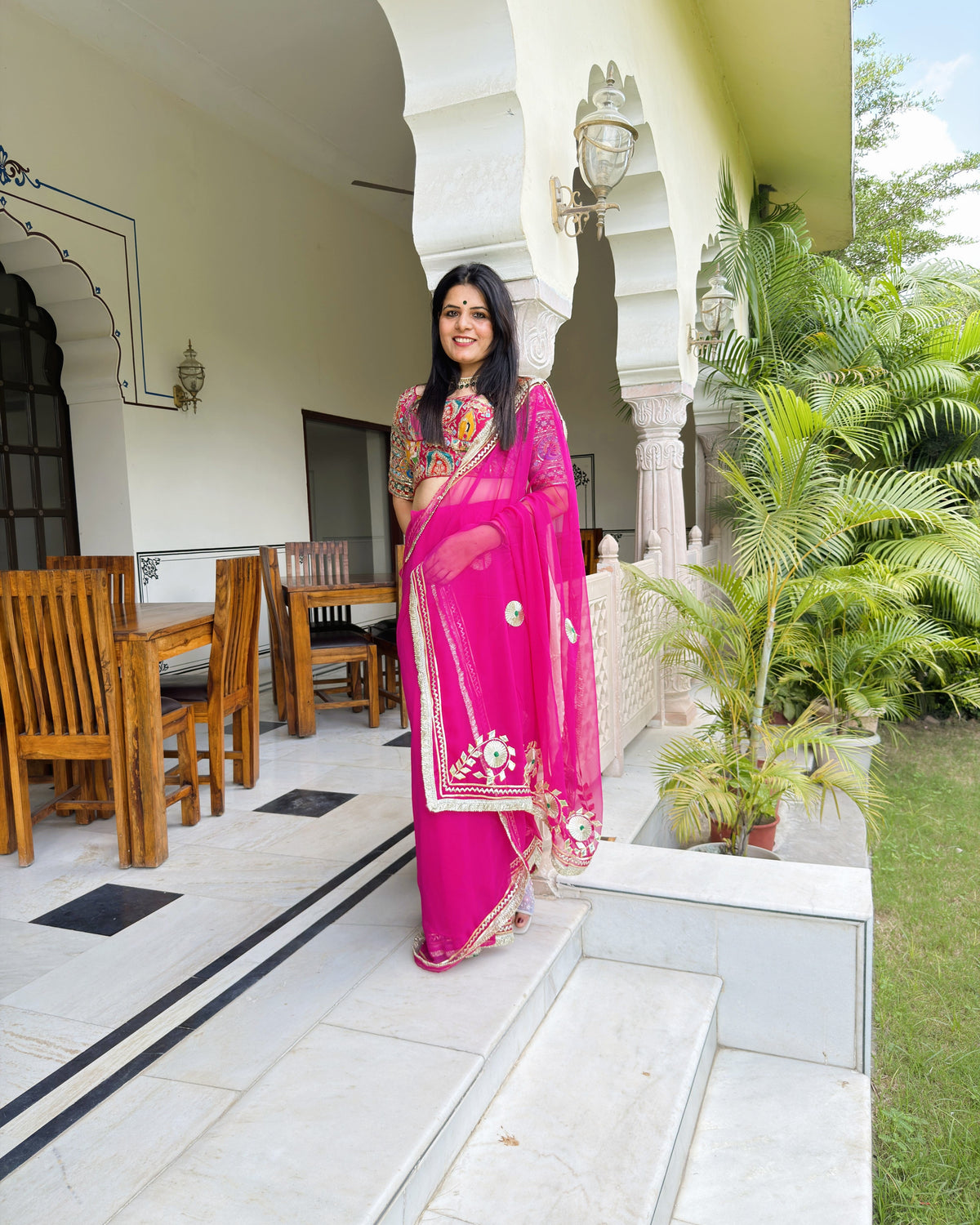 Detailed Gotta border on magenta georgette saree