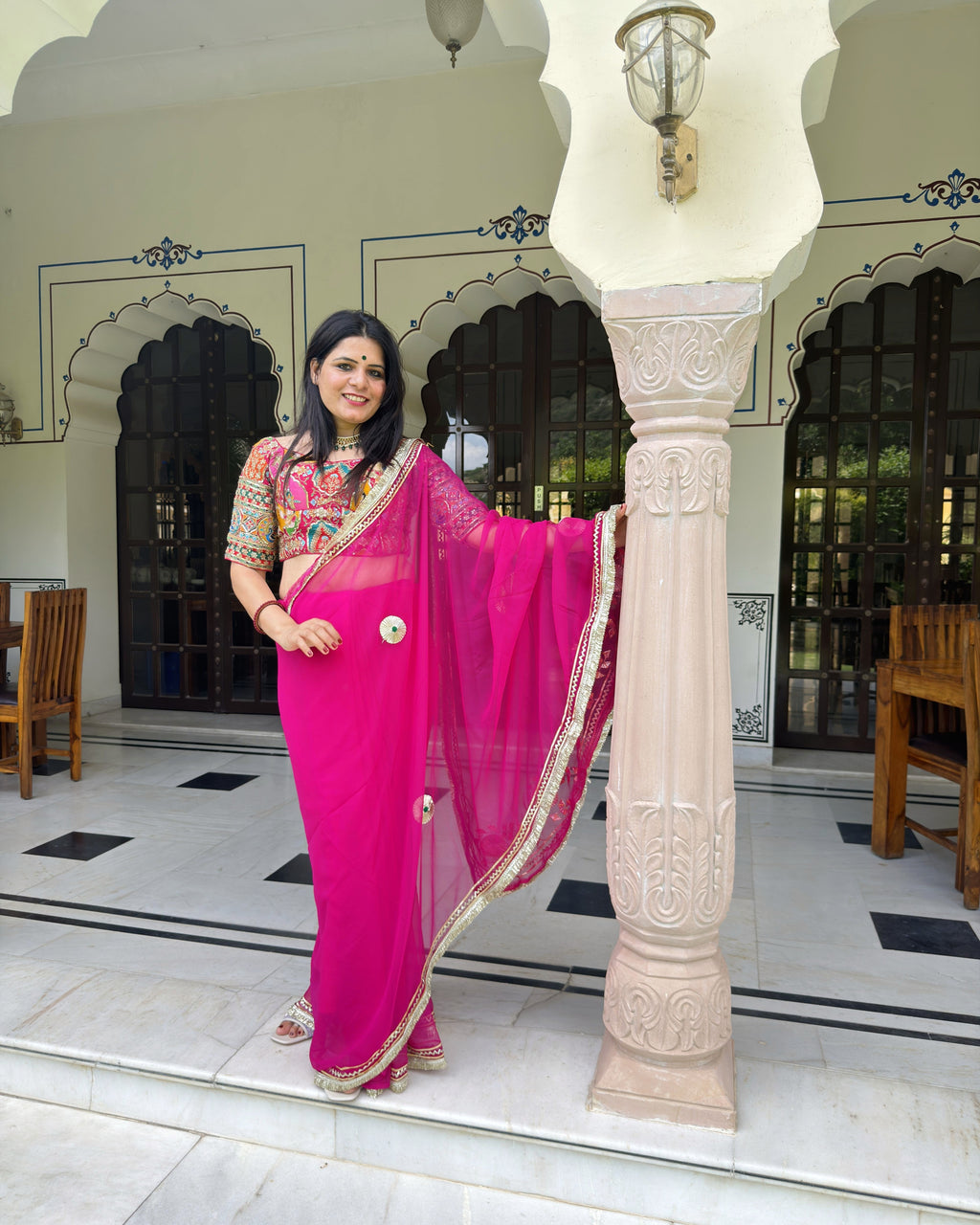 Traditional magenta georgette saree with Gotta embellishment