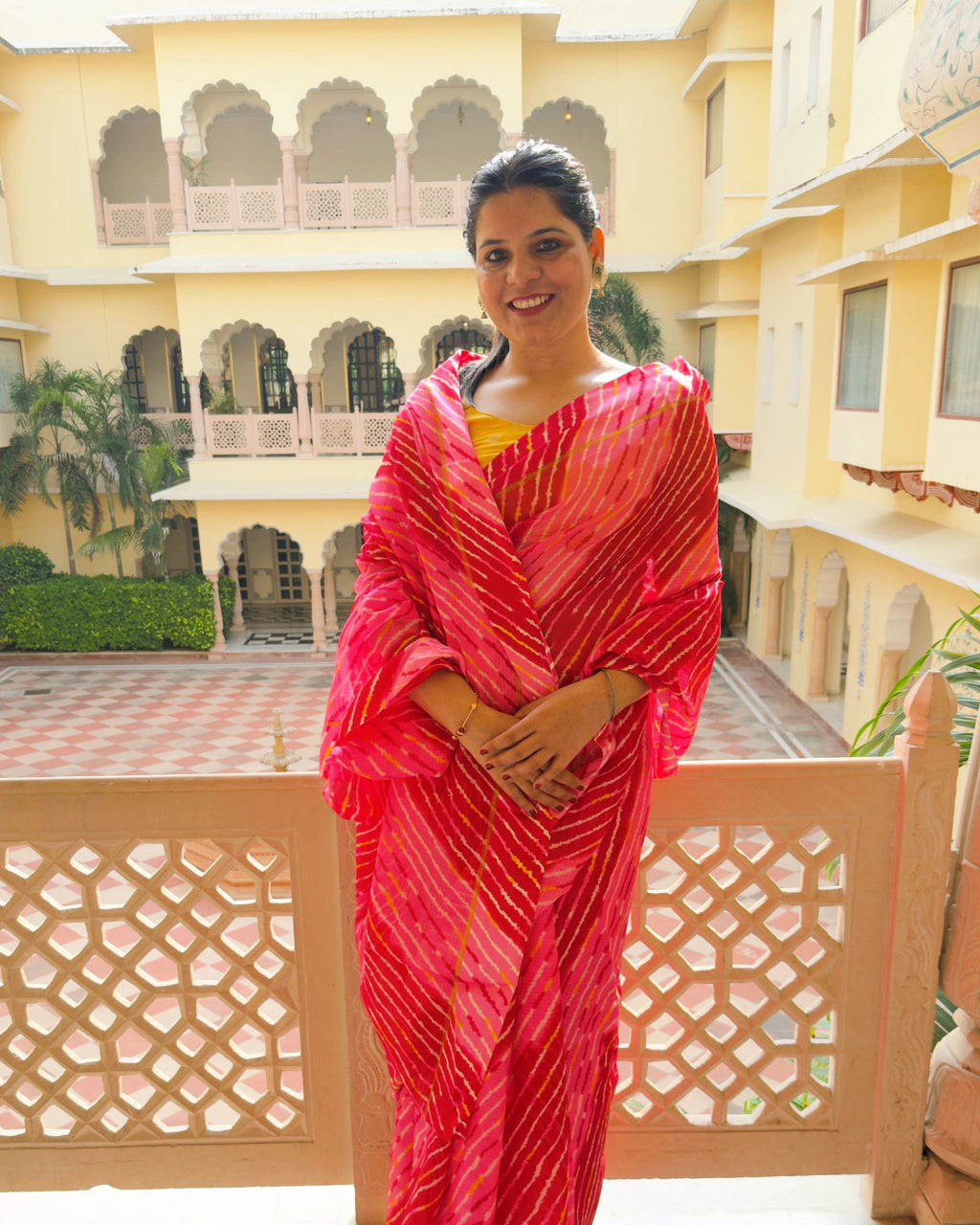 Multi red shade lehriya semi kota doria saree in red, pink, and coral, full front view
