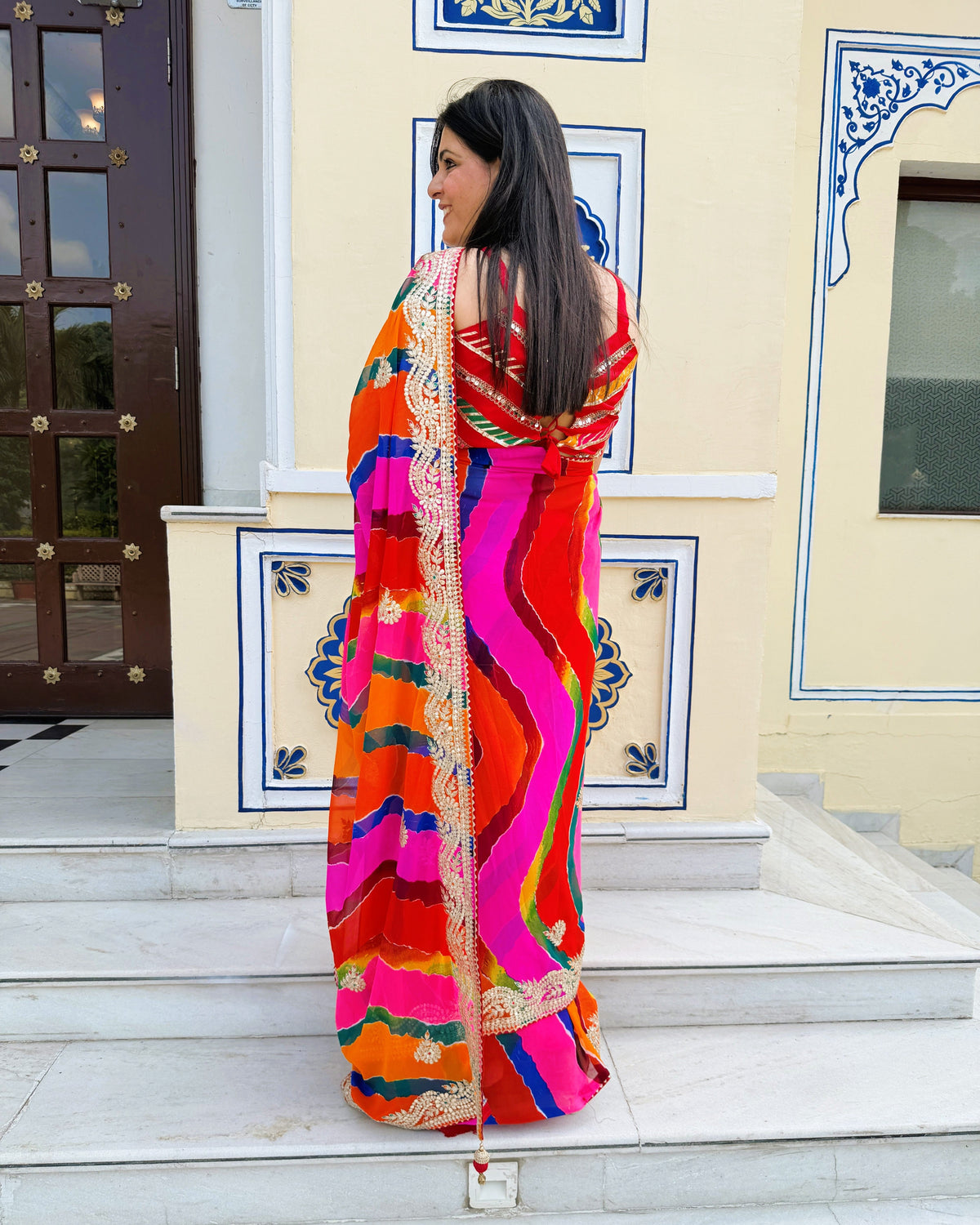 Multicolor Lehariya Gotta Patti and Pitta work georgette saree