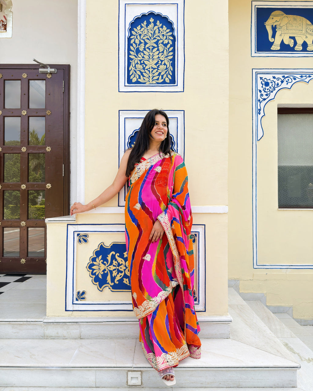 Multicolor Lehariya saree with intricate Gotta Patti and Pitta work border