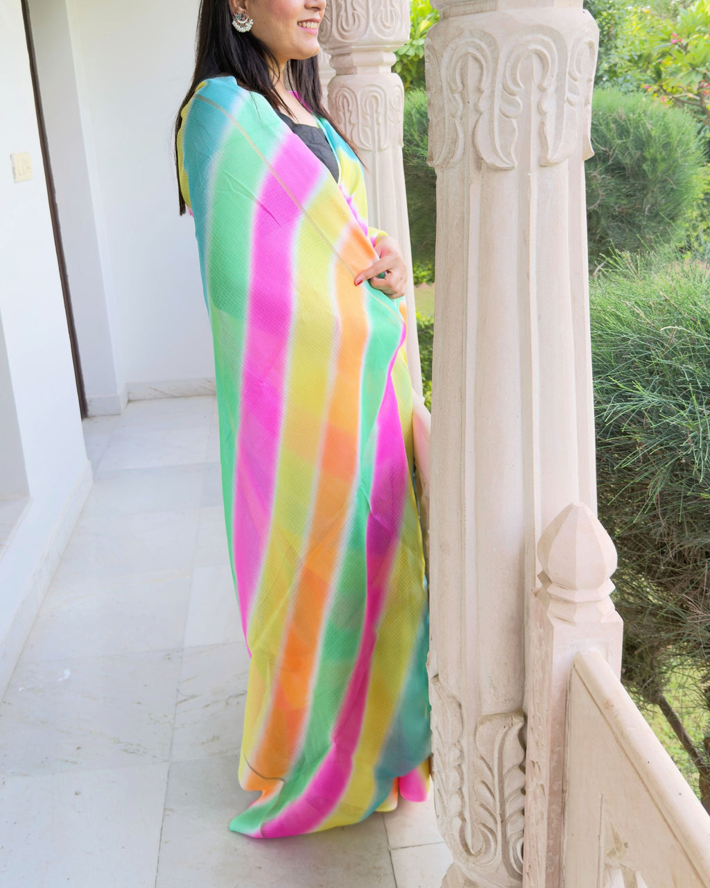 Multicolor lehriya semi kota doria saree with unstitched blouse piece included