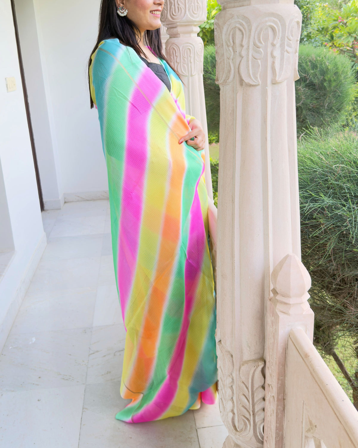 Multicolor lehriya semi kota doria saree with unstitched blouse piece included