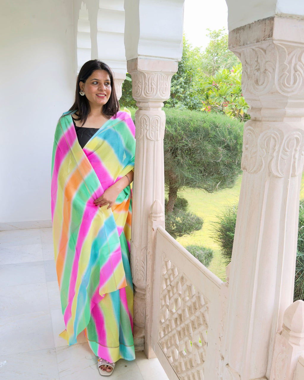 Multicolor lehriya semi kota doria saree in green, pink, yellow, and blue, full front view