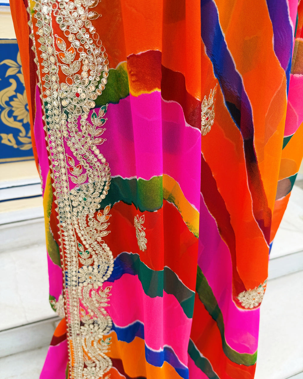 Multicolor Rajasthani saree with detailed Gotta Patti and Pitta work