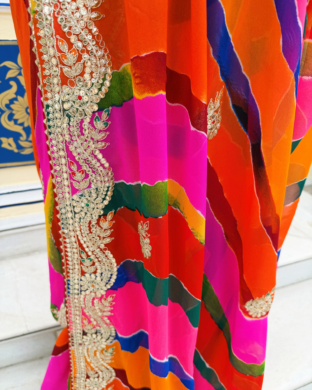 Multicolor Rajasthani saree with detailed Gotta Patti and Pitta work