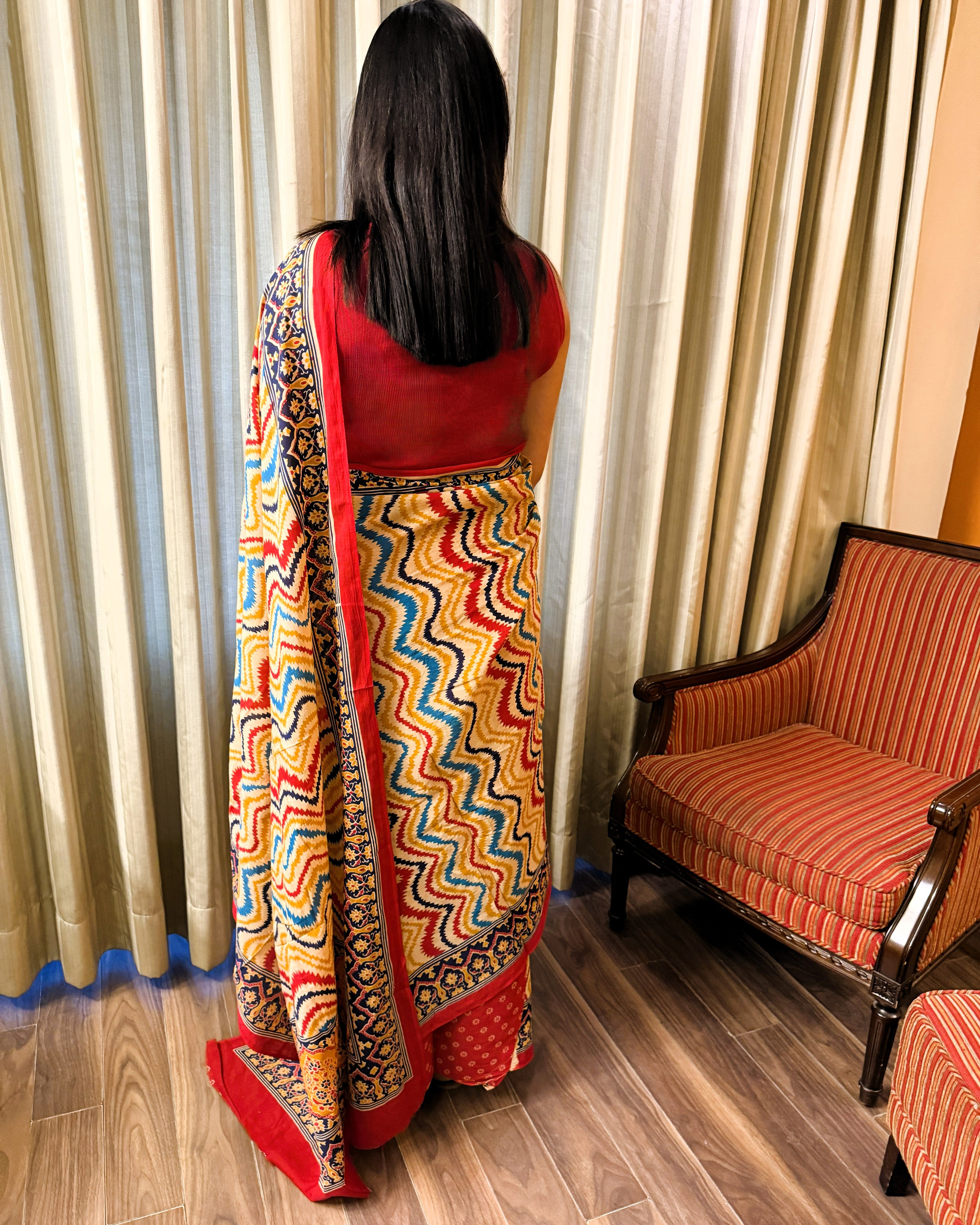 Back view of multicolour zigzag print cotton saree