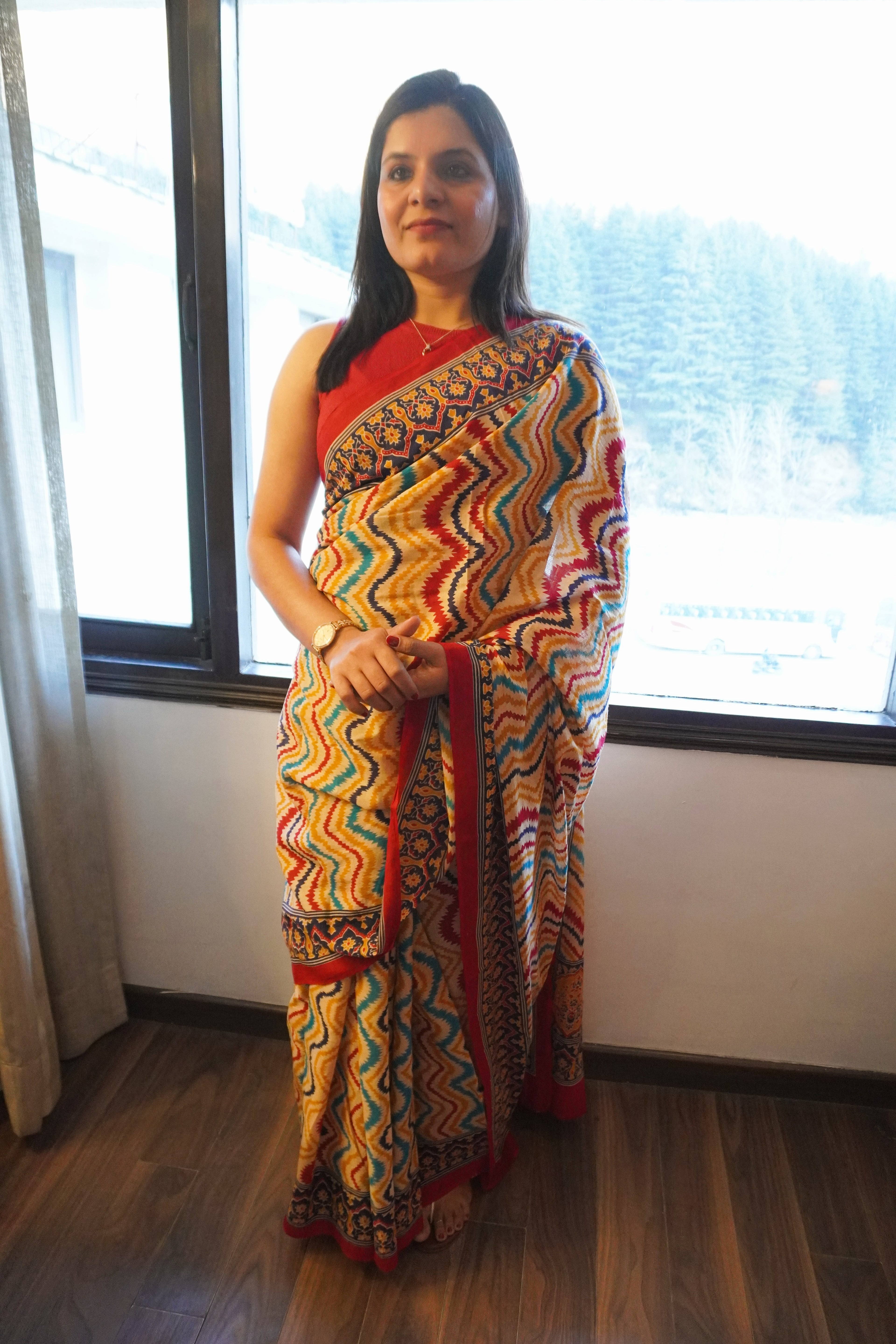 Multicolour zigzag print pure cotton saree front side