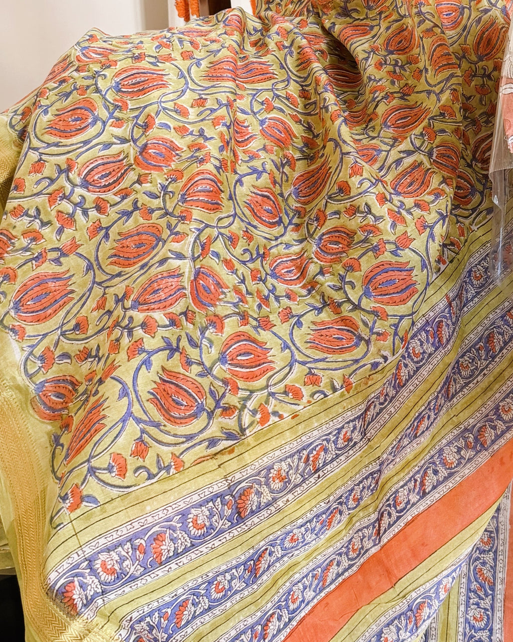close up floral vine print olive maheshwari silk saree