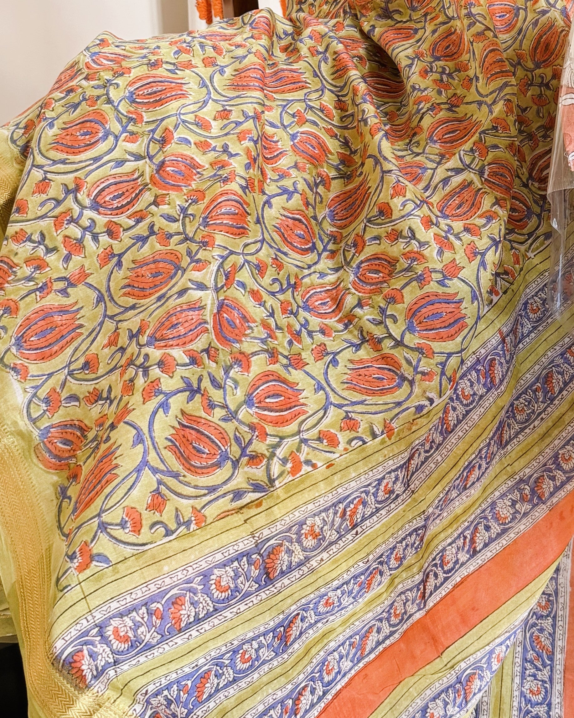 close up floral vine print olive maheshwari silk saree