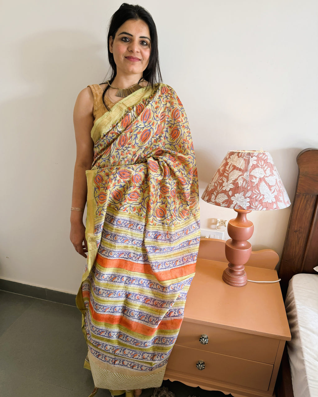 full front drape olive maheshwari silk saree with floral print