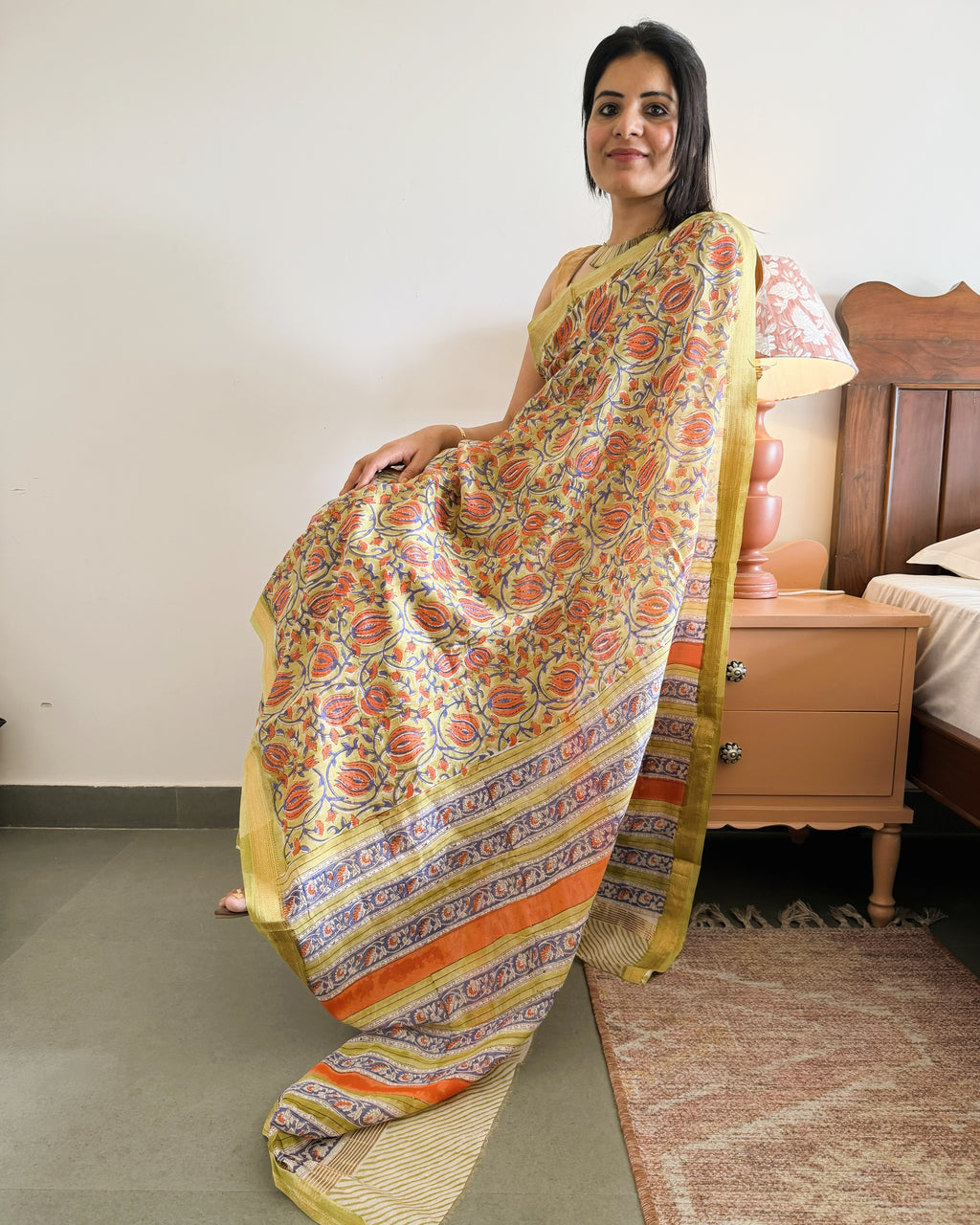 olive green floral maheshwari silk saree front view
