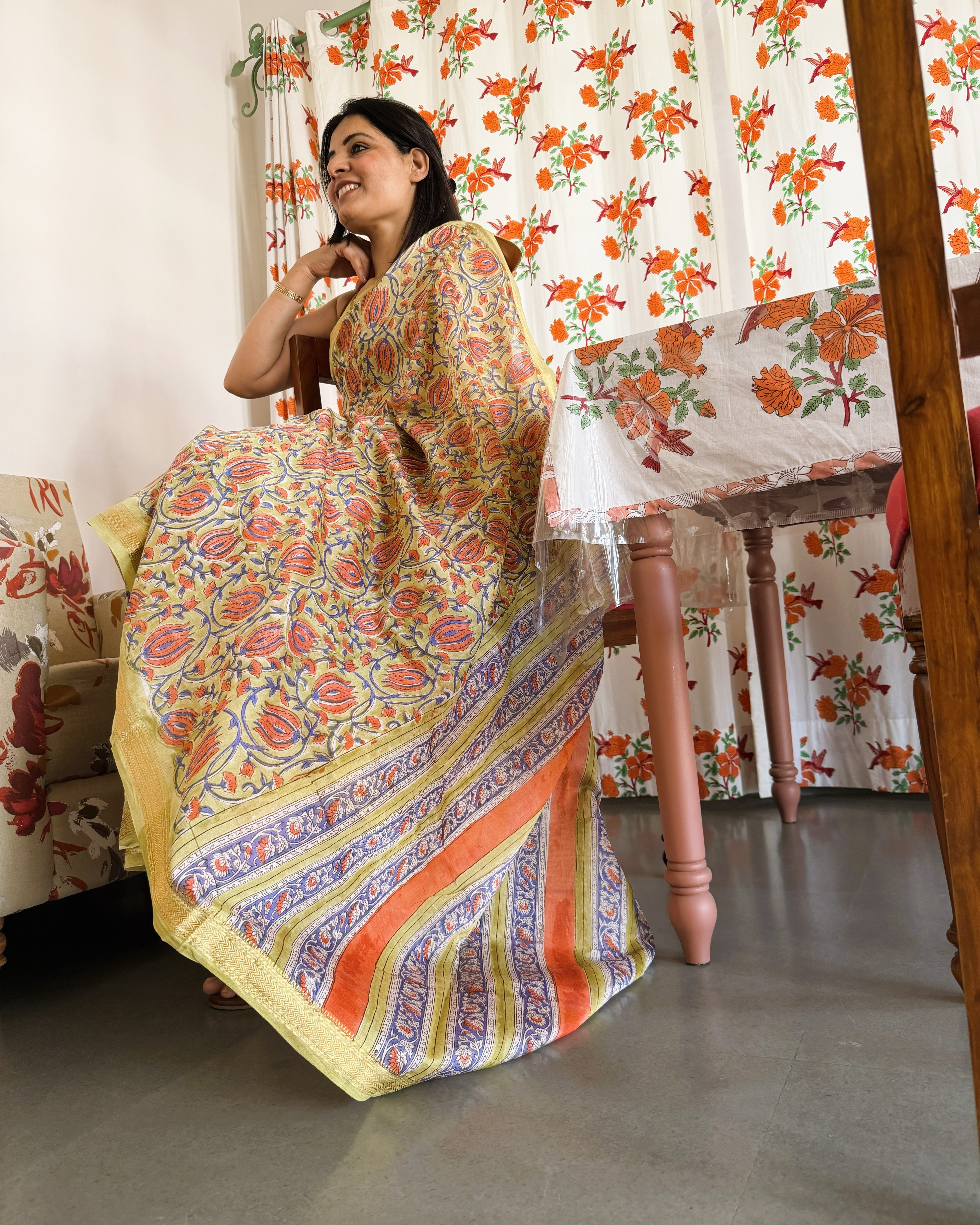 side angle floral maheshwari silk saree elegant flow