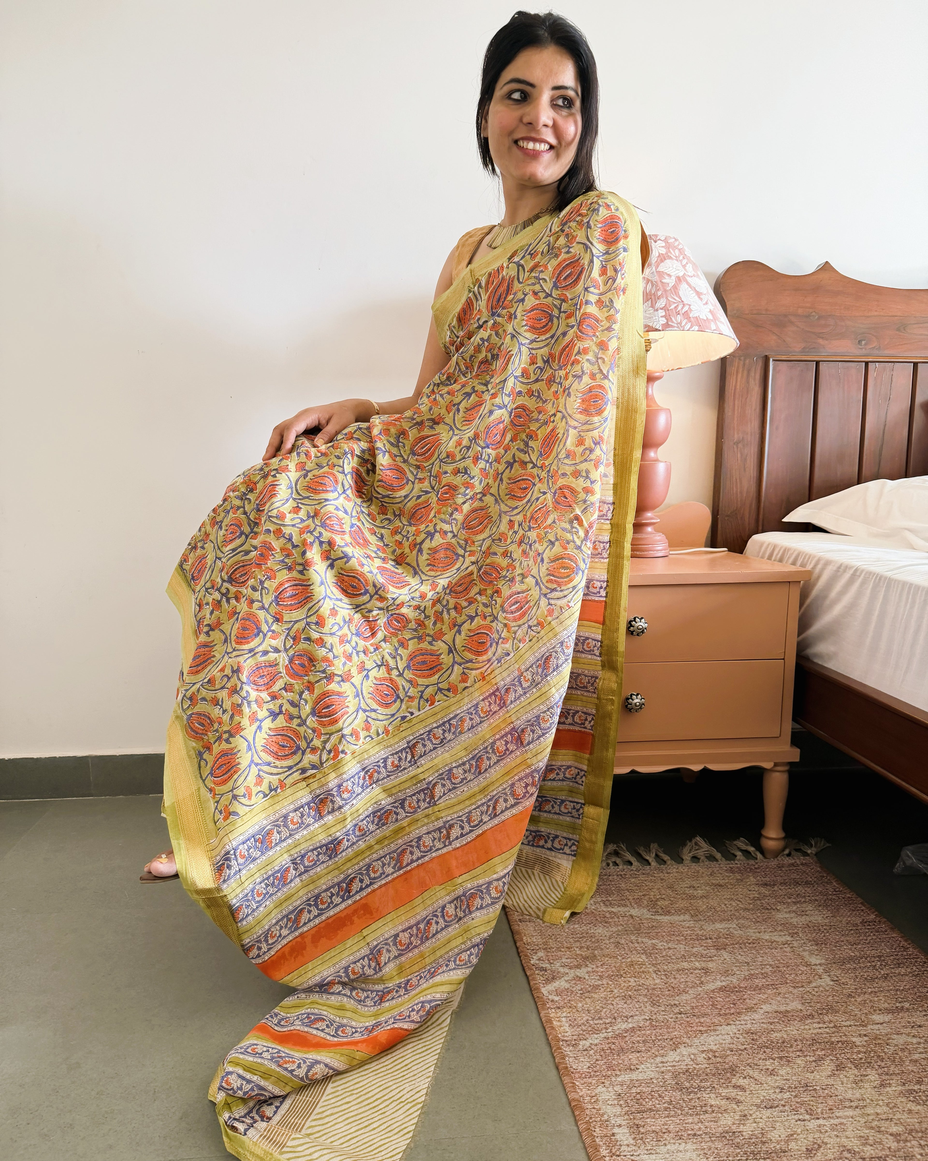 side view olive green maheshwari silk saree drape