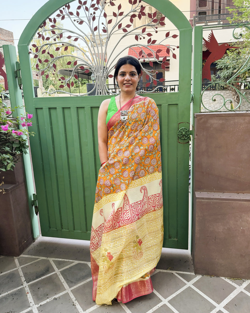 orange sanganeri print modal silk saree front view