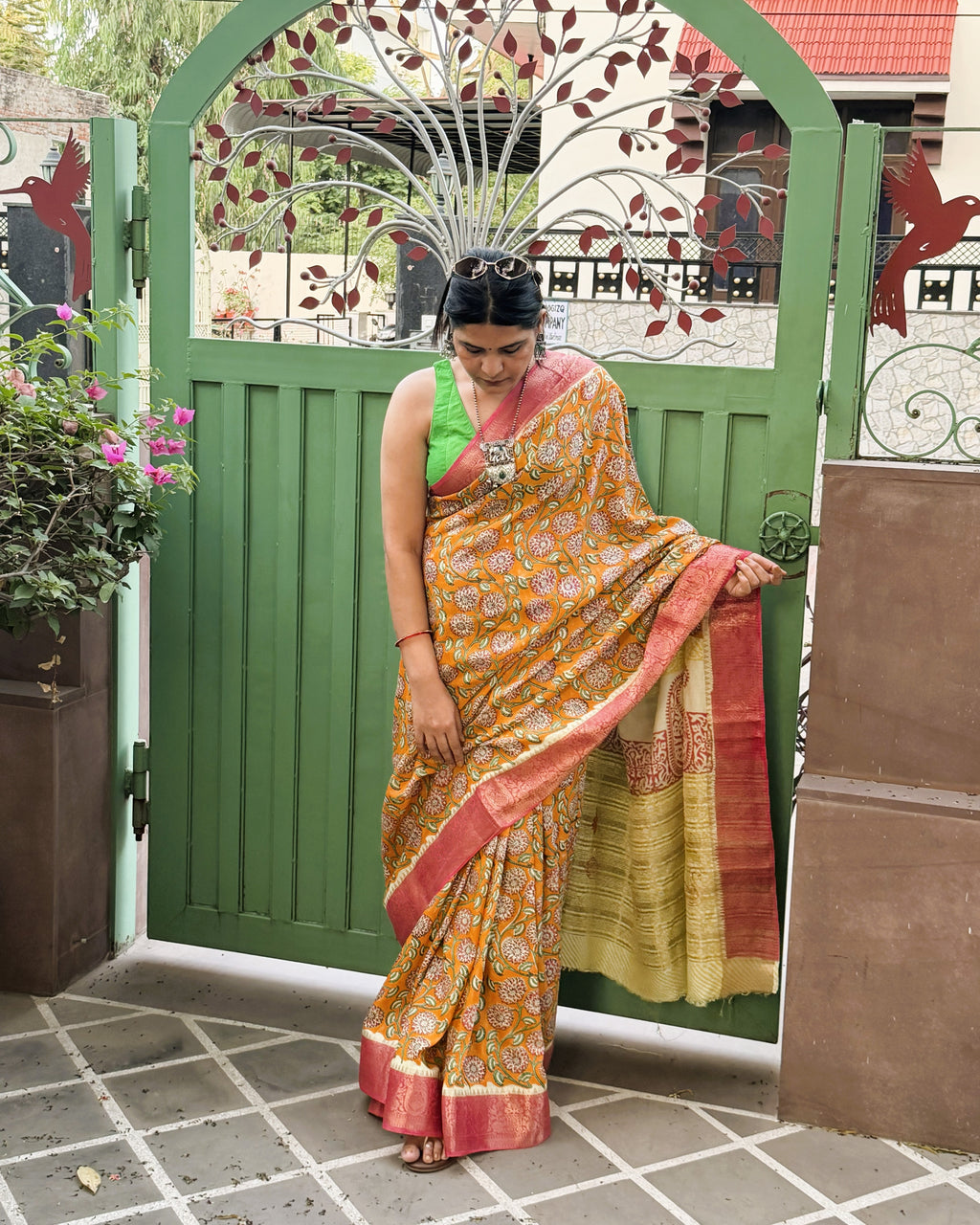 full front drape orange modal silk saree sanganeri print