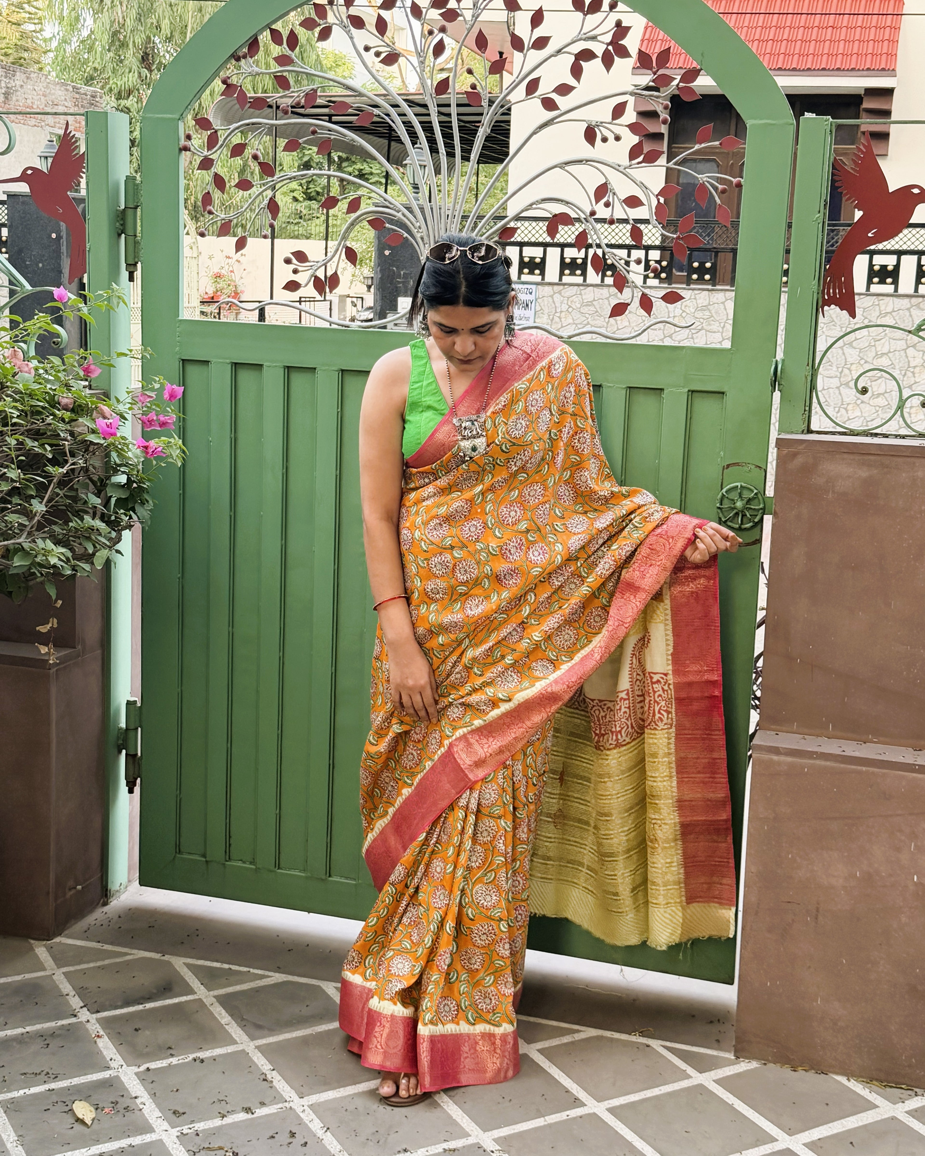 full front drape orange modal silk saree sanganeri print
