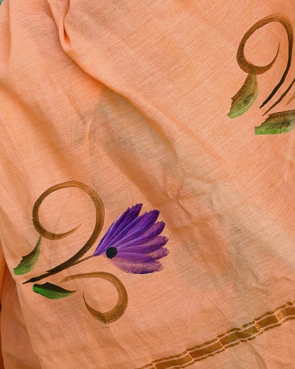 close up handpaint design peach chanderi saree